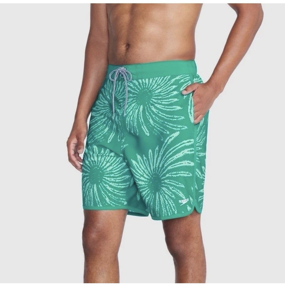 NEW Speedo Mens UPF 50 Swim Trunks Green Tropical Print Size Large SPEEDO TRUNKS
